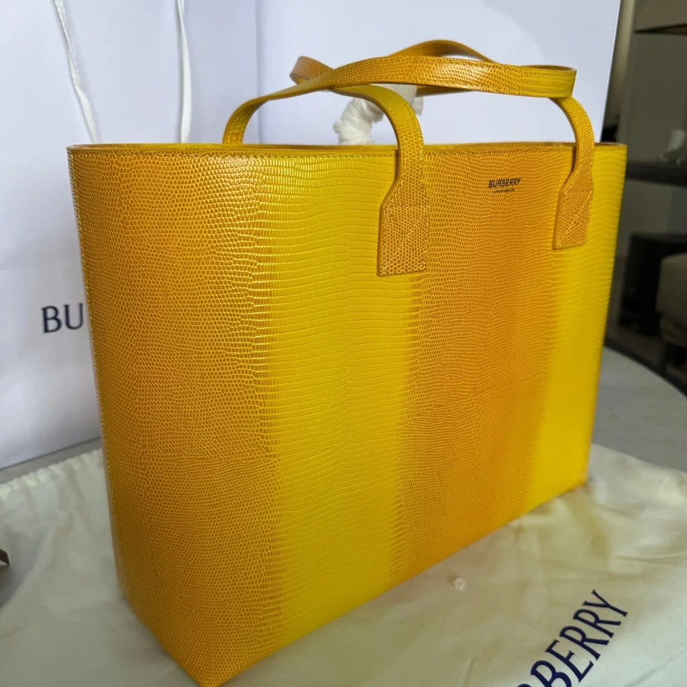 Burberry London Tote Bag Yellow Lizard Embossed Leather Shopper Handbag New‎